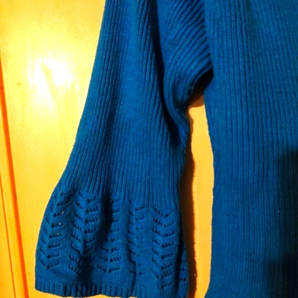 🐦Glorious Vtg 80's Rich Turquoise Crochet Woven Bell Sleeve Cardigan Sweater -S - Picture 10 of 16